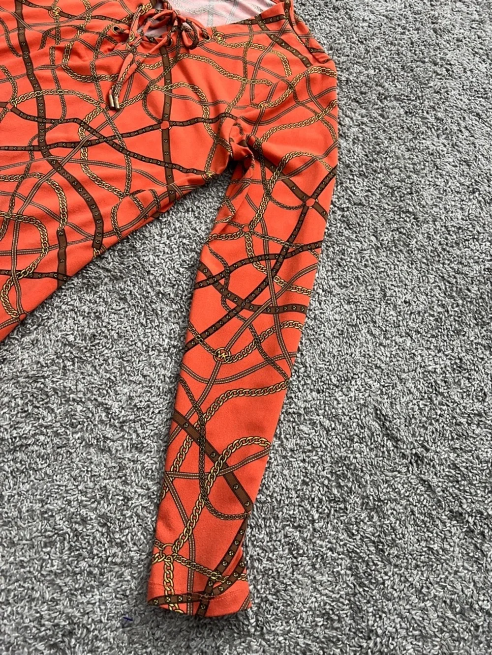 Michael Kors Women’s Long-Sleeve Orange Lace-up Tie Ribbon Chain Printed -Size M